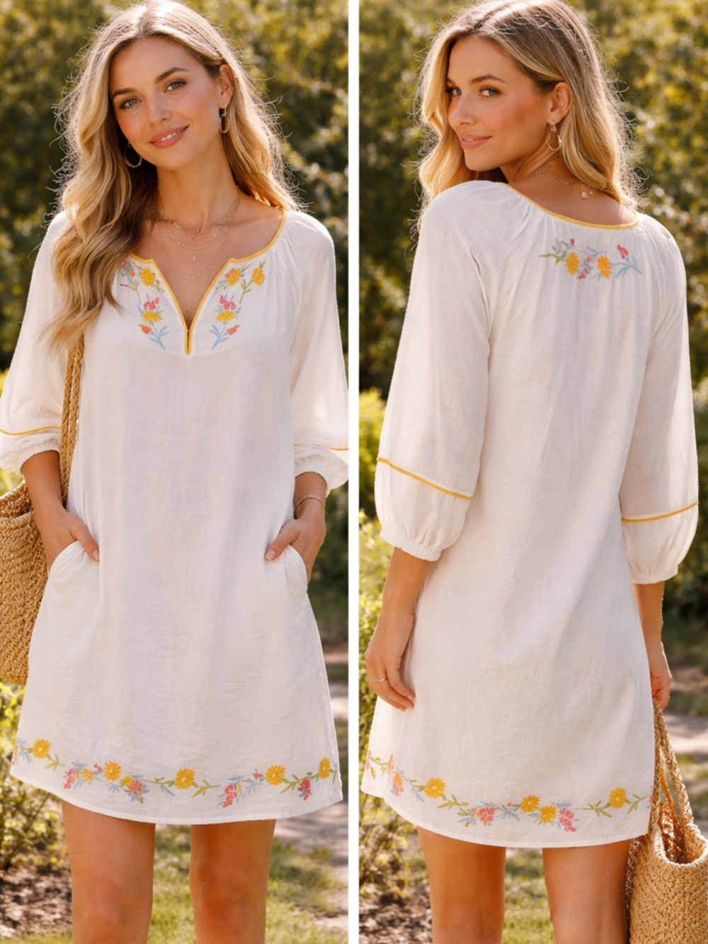 Calypso St. Barth White Midi Tunic Dress with Yellow & Pink Floral Embroidery